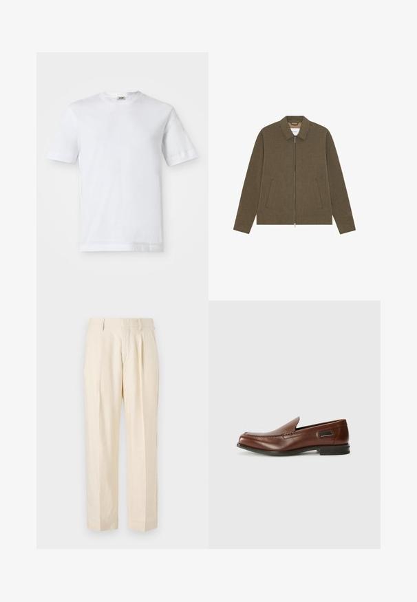 Chaqueta de color verde oliva con cremallera, cuello, mangas largas, dos bolsillos delanteros y detalles mínimos de costura sobre fondo blanco.; Camiseta de algodón blanca con mangas cortas, escote redondo y una textura suave. No se observan patrones ni detalles.; NN.07 KAY - Pantalones - off white; Stuart Weitzman BURT - Zapatos sin cordones - auburn