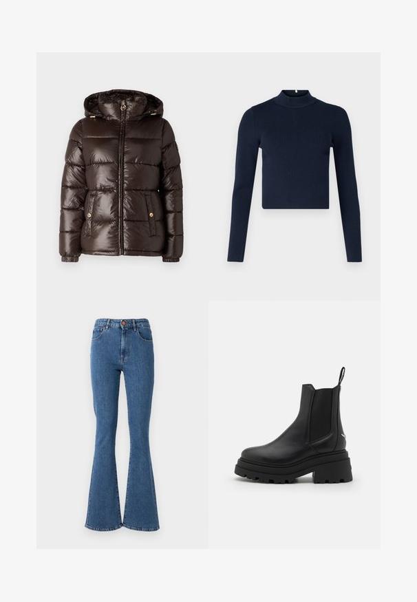 MICHAEL Michael Kors ULTRA LIGHTWEIGHT PUFFER - Veste d'hiver - chocolate; Haut à manches longues côtelé bleu marine avec un col montant et un design cropped. Fabriqué en tissu texturé avec un style minimaliste.; Jean en denim bleu taille haute avec une jambe évasée. Comprend cinq poches et une fermeture à bouton à l'avant. Détails de couture le long des coutures.; Bottines Chelsea noires en cuir lisse avec des panneaux latéraux élastiques, une semelle en caoutchouc épaisse et nervurée, et une languette à l'arrière.