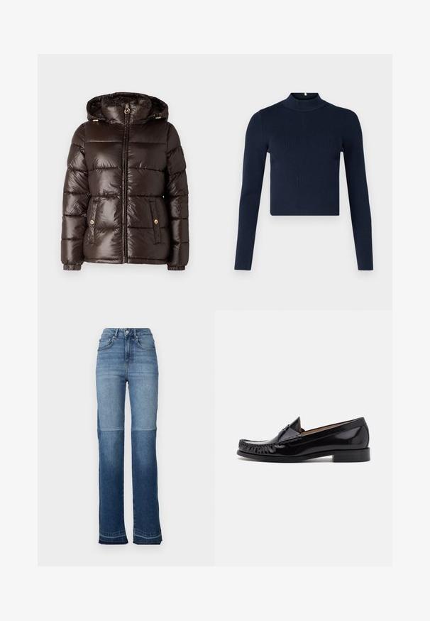 MICHAEL Michael Kors ULTRA LIGHTWEIGHT PUFFER - Vinterjakker - chocolate; Marineblå ribbet langærmet top med høj hals og cropped design. Fremstillet af tekstureret stof med en minimalistisk stil.; Højtaljede denim jeans med en gradient fra lys til mørkeblå, lige ben design og frynser ved manchetterne.; Sorte læder moccasin sko med en skinnende finish, der har frynsedetaljer langs fronten og en lav stabelhælk.