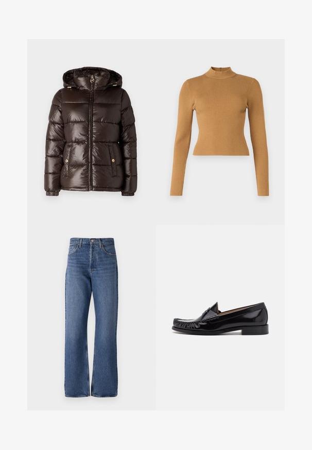 MICHAEL Michael Kors ULTRA LIGHTWEIGHT PUFFER - Talvejope - chocolate; Karmiinise ribiga kõrge kaelusega topp soojas pruunis värvitoonis. Omab pikki varrukaid, keha ligi toovat lõiget ja väikest taga lukku. Sujuv tekstuur.; Sinine teksapüksid kõrge talje, laia sääre lõike, klassikalise viie taskuga disaini ja kanga peene tuhmumisega.; Mustmust valge nahk king, millel on läikiv viimistlus, esiosas fringi detailidega ja madala kubeme kontsaga.