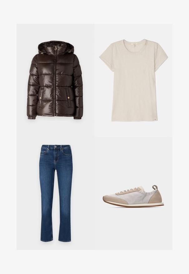 MICHAEL Michael Kors ULTRA LIGHTWEIGHT PUFFER - Talvitakki - chocolate; Vaaleanbeige lyhythihainen t-paita, joka on valmistettu pehmeästä kankaasta. Paidassa on pyöreä pääntie ja pieni logotagi vasemmassa alareunassa.; Tumman siniset farkut suoran lahkeen muotoilulla, etutaskujen ompelulla, nappi- ja vetoketjusuljennalla sekä vähäisellä haalistumisella.; Vaaleanbeige tennari, jossa valkoiset nauhat, mokkanahkainen kärki ja kantapää, pehmeät kangassivut ja ohut vaaleanruskea kumipohja, sivukuva.