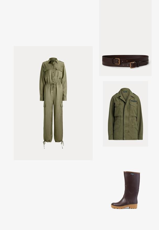 Grüne Militärjacke mit vier vorderen Klappentaschen, Knopf- und Reißverschluss, und "Polo RL" auf der oberen rechten Brust aufgestickt.; Olivgrüner Overall mit langen Ärmeln, geknöpften Brusttaschen, einem Tunnelzug in der Taille und an den Bündchen sowie Cargotaschen an den Beinen.; Dunkelbrauner Gummistiefel bis zur Mitte der Wade mit hellbrauner Sohle, strukturiertem Profil und "AIGLE"-Logo-Patch nahe der Oberseite.; Zwei dunkelbraune Ledergürtel mit goldfarbenen rechteckigen Schnallen, nebeneinander auf einem schlichten hellen Hintergrund gelegt.