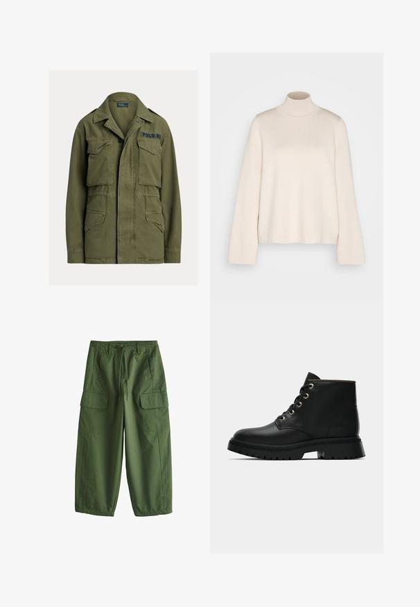 Grøn militærinspireret jakke med fire lommer foran med klapper, knap- og lynlåslukning, samt "Polo RL" broderet på øverste højre bryst.; Cremefarvet højhalset sweater med lange ærmer, lavet af blødt strikket stof. Har en tætsiddende krave og en afslappet silhuet. Ingen synlige mønstre eller detaljer.; Grønne arbejdsbukser med vide ben, store sidelommer med klapper, bæltestropper og en foran snøre i taljen, lagt fladt på hvid baggrund.; Sort læder ankelstøvle med rund tå, guldøjer og tekstureret sål. Har polstret krave og et karakteristisk logo på siden.