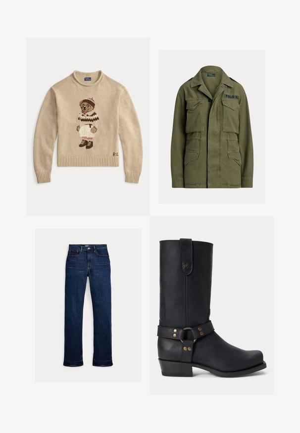 Groene militaire jas met vier klepzakken aan de voorkant, knoop- en ritssluiting, en "Polo RL" geborduurd op de bovenste rechter borst.; Beige gebreide trui met een geborduurde beer die een witte outfit met bruine accenten en laarzen draagt. Geribde manchetten en onderkant. "R.L." gestikt aan de zijkant.; Donkerblauwe straight-leg spijkerbroek met knoop en rits aan de voorkant, ontwerp met vijf zakken en zichtbare stikseldetails.; Zwarte leren laars tot halverwege de kuit met lage hak, ronde neus en decoratieve band met metalen klinknagels en ring rond de enkel.