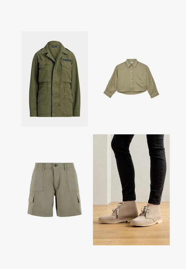 Grøn militærinspireret jakke med fire lommer foran med klapper, knap- og lynlåslukning, samt "Polo RL" broderet på øverste højre bryst.; Kropskort olivengrøn skjorte med knapper, lange ærmer, brystlomme og klassisk krave.; Khaki cargo shorts lavet af letvægtsbomuld med to sidelommer, en front knaplukning og lige snit.; Beige ruskind ankelstøvler med en rund tå, snørebåndsdesign og kontrasterende syninger, båret med sorte tætsiddende bukser på et trægulv.