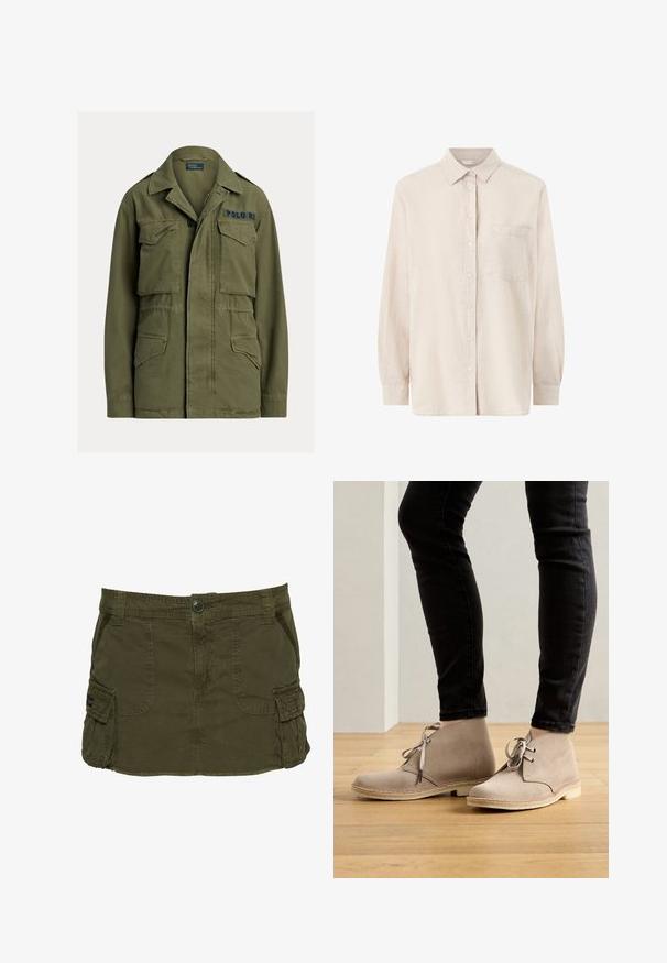 Grøn militærinspireret jakke med fire lommer foran med klapper, knap- og lynlåslukning, samt "Polo RL" broderet på øverste højre bryst.; Beige langærmet skjorte med knapper, krave og brystlomme, vist på hvid baggrund.; Olivengrøn cargoskørt lavet af bomuldsblanding, med sidelommer, synlige sømme og knappelukning i taljen.; Beige ruskind ankelstøvler med en rund tå, snørebåndsdesign og kontrasterende syninger, båret med sorte tætsiddende bukser på et trægulv.