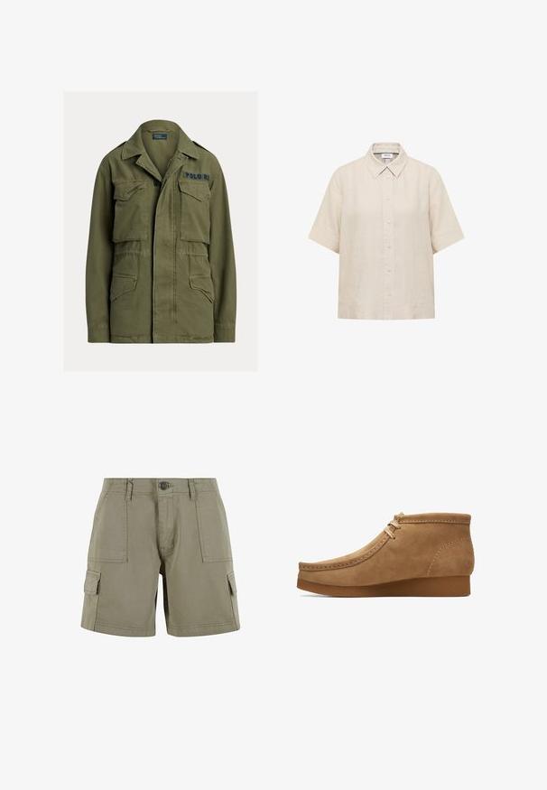 Grøn militærinspireret jakke med fire lommer foran med klapper, knap- og lynlåslukning, samt "Polo RL" broderet på øverste højre bryst.; Beige kortærmet skjorte med knapper, spids krave og løs pasform.; Khaki cargo shorts lavet af letvægtsbomuld med to sidelommer, en front knaplukning og lige snit.; Tan ruskind ankelstøvle med en rund tå, syninger langs overdelen og en tekstureret gummisål. Enkel snørelukkedesign.