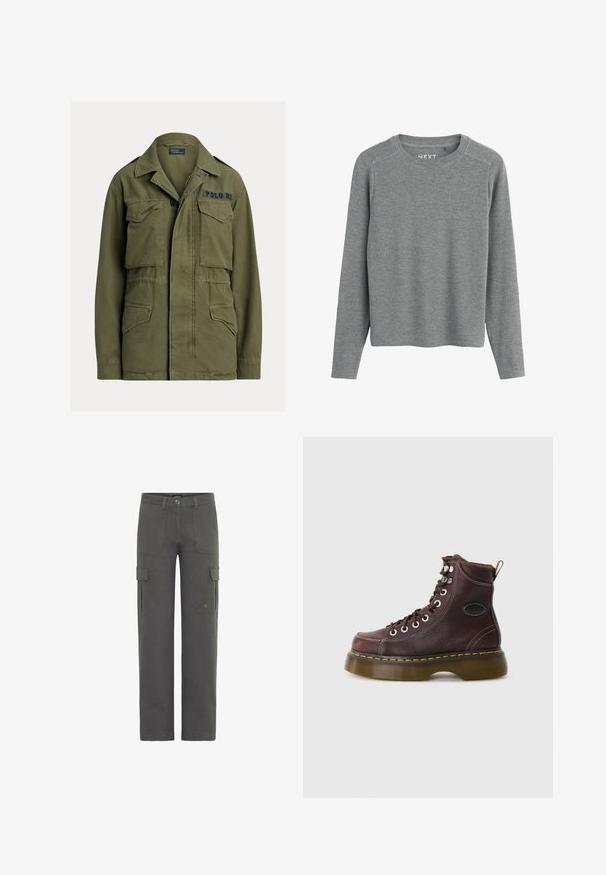 Grøn militærinspireret jakke med fire lommer foran med klapper, knap- og lynlåslukning, samt "Polo RL" broderet på øverste højre bryst.; Langærmet, grå ribstrikket rundhalset sweater med løs pasform og subtile skuldersøm detaljer.; Cargo bukser i mørkegrå bomuld med lige skæring. Har to sidelommer og en polyesterknaplukning. Holdbart stof med let struktur.; Brun læder ankelstøvle med tekstureret overflade, sølv øjer og gul syning. Har en kraftig gennemsigtig sål og en trækstrop.