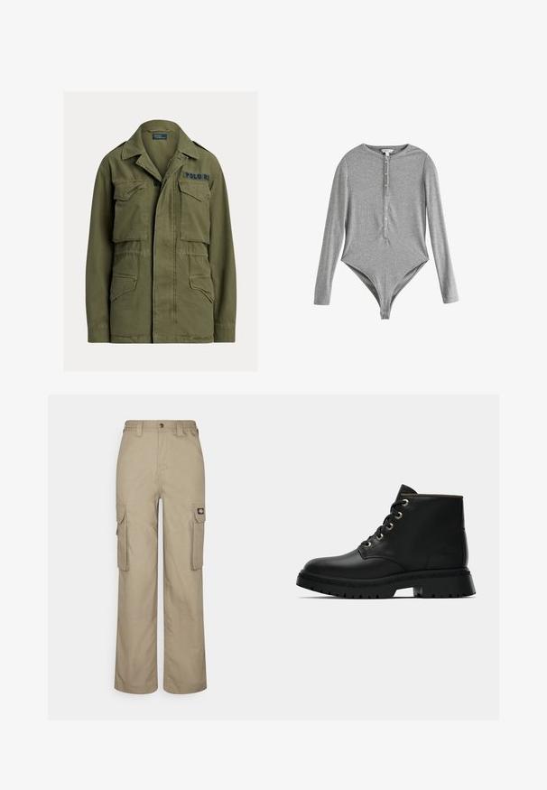 Groene militaire jas met vier klepzakken aan de voorkant, knoop- en ritssluiting, en "Polo RL" geborduurd op de bovenste rechter borst.; Grijze longsleeve bodysuit met een ronde hals, knoopsluiting aan de voorkant, geribbeld textuur en een aansluitend ontwerp. Gemaakt van zachte stof.; Beige cargobroek gemaakt van duurzame stof, met een relaxte pasvorm, meerdere zijzakken en een elastische tailleband met knoopsluiting.; Zwart leren enkelboot met ronde neus, gouden oogjes en textuurzool. Voorzien van een gevoerde kraag en een kenmerkend logo aan de zijkant.