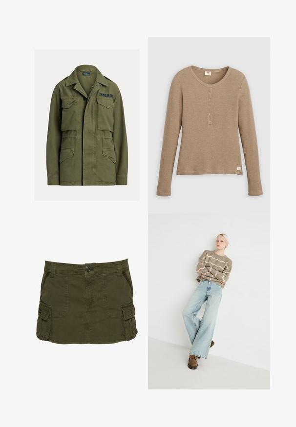 Groene militaire jas met vier klepzakken aan de voorkant, knoop- en ritssluiting, en "Polo RL" geborduurd op de bovenste rechter borst.; Beige henleyshirt met lange mouwen en wafelstructuur, ronde hals en knoopsluiting met vijf knopen, plat weergegeven tegen een witte achtergrond.; Kaki groene cargorok van een katoenmix, met zijzakken, zichtbare stiksels en een knoopsluiting in de taille.; Beige gebreide trui met golvende roze en crèmekleurige strepen, gecombineerd met lichtblauwe wijde jeans en bruine veterschoenen.