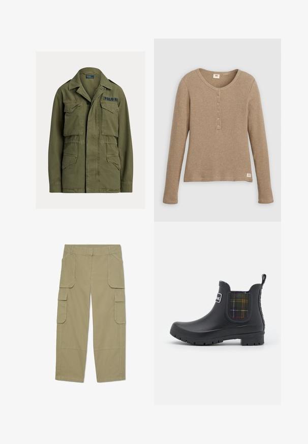 Groene militaire jas met vier klepzakken aan de voorkant, knoop- en ritssluiting, en "Polo RL" geborduurd op de bovenste rechter borst.; Beige henleyshirt met lange mouwen en wafelstructuur, ronde hals en knoopsluiting met vijf knopen, plat weergegeven tegen een witte achtergrond.; Khakikleuren cargobroek met meerdere klepzakken aan de voorkant en zijkanten, rechte pijpen en riemlussen in de taille.; Barbour KINGHAM - Regenlaarzen - black