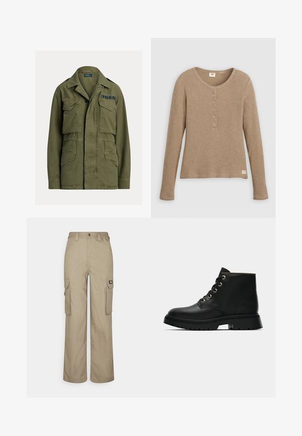 Grøn militærinspireret jakke med fire lommer foran med klapper, knap- og lynlåslukning, samt "Polo RL" broderet på øverste højre bryst.; Beige henley-shirt i vaffelstrik med lange ærmer, rund halsudskæring og fem-knaps lukning, vist fladt mod hvid baggrund.; Beige cargo bukser lavet af slidstærkt stof, med en afslappet pasform, flere sidelommer og et elastisk liv med knaplukning.; Sort læder ankelstøvle med rund tå, guldøjer og tekstureret sål. Har polstret krave og et karakteristisk logo på siden.