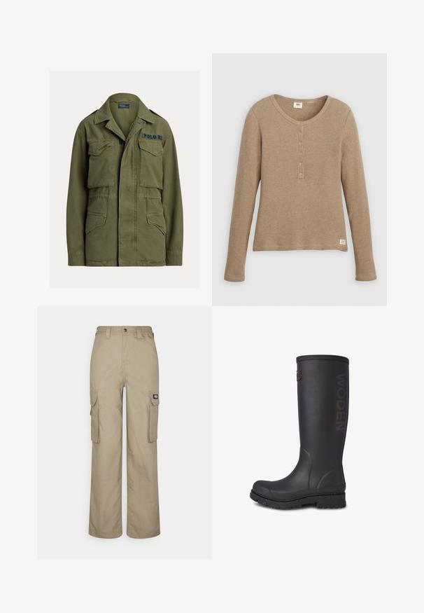 Groene militaire jas met vier klepzakken aan de voorkant, knoop- en ritssluiting, en "Polo RL" geborduurd op de bovenste rechter borst.; Beige henleyshirt met lange mouwen en wafelstructuur, ronde hals en knoopsluiting met vijf knopen, plat weergegeven tegen een witte achtergrond.; Beige cargobroek gemaakt van duurzame stof, met een relaxte pasvorm, meerdere zijzakken en een elastische tailleband met knoopsluiting.; Hoge zwarte rubberen laars met een gestructureerde afwerking, WODEN-logo op de zijkant en een versterkte zool met gesprenkelde accenten.