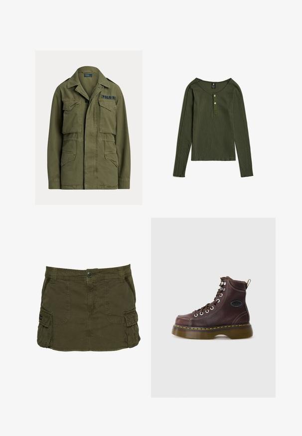 Groene militaire jas met vier klepzakken aan de voorkant, knoop- en ritssluiting, en "Polo RL" geborduurd op de bovenste rechter borst.; Langarmig olijfgroen geribd shirt met ronde hals en twee knopen op het beleg middenvoor.; Kaki groene cargorok van een katoenmix, met zijzakken, zichtbare stiksels en een knoopsluiting in de taille.; Bruine leren enkelboot met een gestructureerd oppervlak, zilveren ogen en gele stiksels. Voorzien van een stevige doorzichtige zool en een trekband.