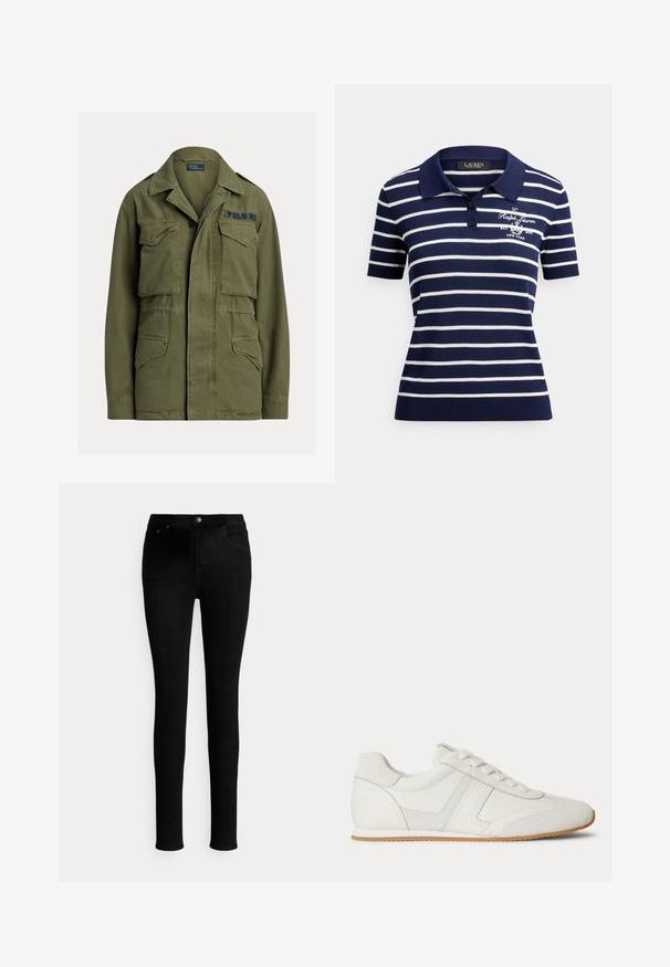 Groene militaire jas met vier klepzakken aan de voorkant, knoop- en ritssluiting, en "Polo RL" geborduurd op de bovenste rechter borst.; Marineblauw-wit gestreept poloshirt met korte mouwen, twee knopen en geborduurd Ralph Lauren-logo op de borst.; Zwarte denim jeans met een slim fit, voorzien van een standaard tailleband, voorzakken en een klassieke knoopsluiting.; Witte lage sneaker met veters aan de voorkant, suède en leren panelen, en een lichtbruine rubberen zool op een witte achtergrond.