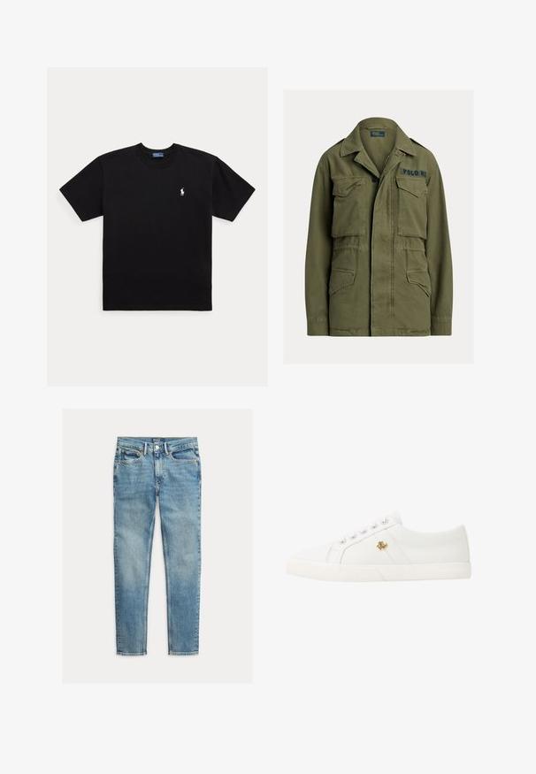 Veste style militaire verte avec quatre poches avant à rabat, fermeture par boutons et zip, et "Polo RL" brodé sur la partie supérieure droite de la poitrine.; T-shirt noir à manches courtes et col rond avec petit logo brodé blanc Polo Ralph Lauren sur la poitrine gauche.; Jean slim fit bleu clair avec cinq poches et fermeture par bouton, posé à plat sur fond blanc.; Lauren Ralph Lauren JANSON II CANVAS SNEAKER - Baskets basses - optic white