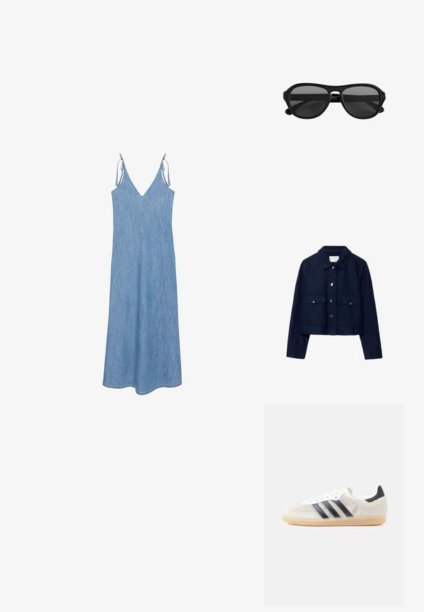 Veste courte bleu marine à manches longues, avec deux poches avant à rabat munies de boutons-pression, et un col à boutons.; Robe sans manches en jean bleu clair avec fines bretelles réglables et un décolleté en V, s'évasant jusqu'à un ourlet mi-long.; Baskets en maille blanche avec un design à trois bandes noires, bout arrondi et semelle en caoutchouc gomme. Dotées d'un col de talon souple et d'une fermeture à lacets.; Lunettes de soleil à monture en plastique noir avec des verres teintés foncés et un pont étroit, vues de face sur un fond blanc.