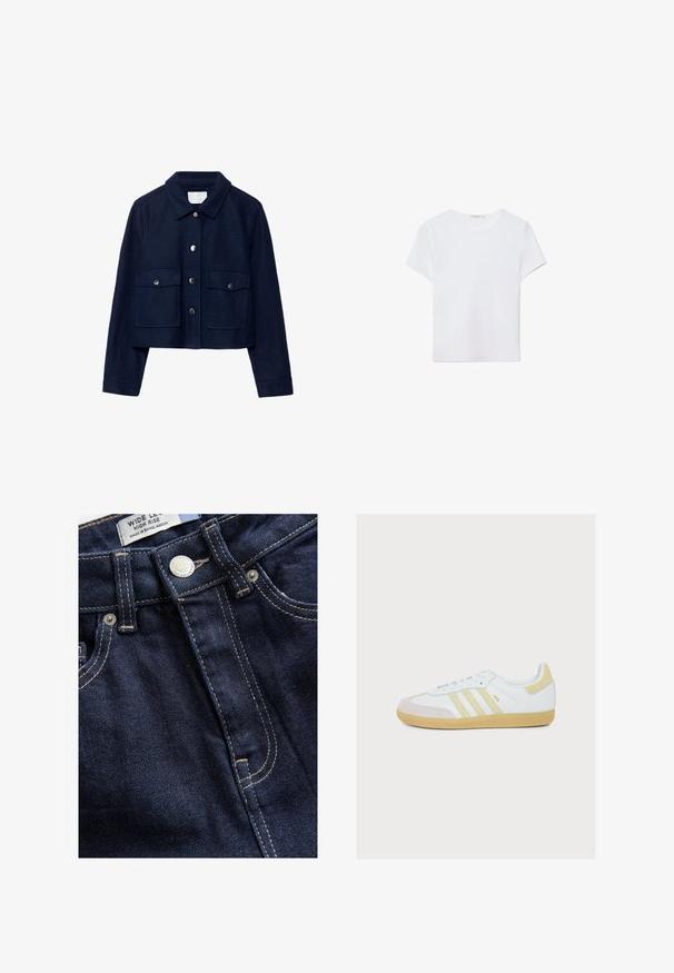 Veste courte bleu marine à manches longues, avec deux poches avant à rabat munies de boutons-pression, et un col à boutons.; T-shirt blanc à manches courtes en tissu doux. Dispose d'un col rond et d'un design simple et épuré avec un ourlet droit.; Next WIDE - Wide Leg - rinse; adidas Originals SAMBA - Baskets basses - white/dual yellow/gum