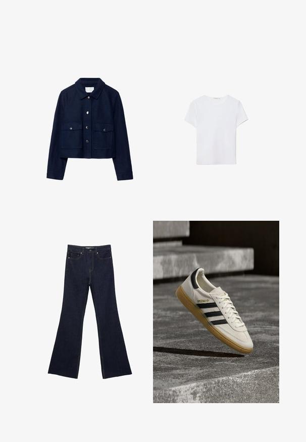 Marineblaue kurze Jacke mit langen Ärmeln, zwei vorderen Klappentaschen mit Druckknöpfen und einem hochklappbaren Kragen mit Knöpfen.; Weißes kurzärmliges T-Shirt aus weichem Stoff. Hat einen runden Halsausschnitt und ein einfaches, sauberes Design mit geradem Saum.; Dunkelblaue Jeans mit ausgestelltem Bein, ausgestattet mit einem klassischen Fünf-Taschen-Design und sichtbaren Nähten. Der Stoff hat eine glatte Textur mit minimalen Verblassungen.; Weißer Adidas Spezial Sneaker mit schwarzen Streifen und Kautschuksohle, der über grauen Steinstufen im Freien schwebt.