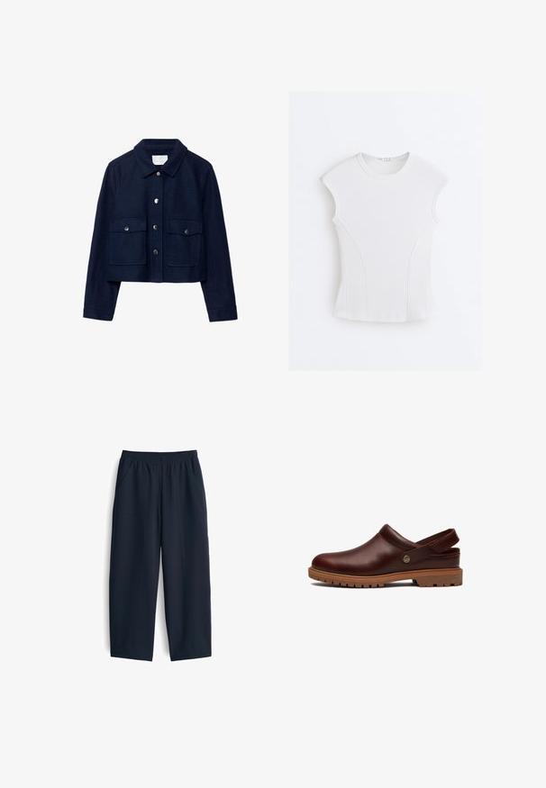 Marineblauw cropped jack met lange mouwen, twee klepzakken aan de voorkant met drukknoopsluitingen en een kraag met knoopsluiting.; Witte geribde mouwloze top met ronde halslijn en gebogen naaddetails op een effen witte achtergrond.; Navy blauwe broek van gladde stof, met een elastische tailleband, twee zijzakken en een relaxte pasvorm met rechte pijpen.; Bruine leren klomp met verstelbare achterriem en dikke grof profiel rubberen zool, zijaanzicht op een witte achtergrond.