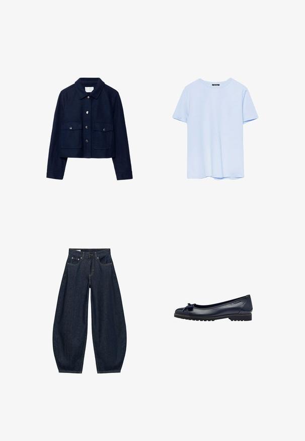 Marineblauw cropped jack met lange mouwen, twee klepzakken aan de voorkant met drukknoopsluitingen en een kraag met knoopsluiting.; Lichtblauw T-shirt met korte mouwen en een ronde hals, met een eenvoudig, effen ontwerp, getoond tegen een witte achtergrond.; Donkerblauwe denim jeans met wijde pijpen, voorzakken, riemlussen en een knoopsluiting in de taille.; Navyblauwe leren balletschoenen met een klein strikdetail, ronde neus en een gestructureerde zool met een lage hak.