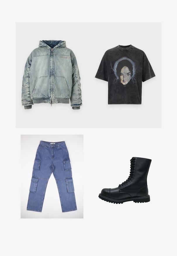 Hellblaue Denim-Kapuzenjacke mit Frontreißverschluss, Kängurutasche, gerippten Bündchen und Saum sowie "KSUBI" Logo auf der Brust.; Übergroßes dunkelgraues T-Shirt mit einem Grafikmuster eines Frauenkopfes und abstrakten blauen Linien, die ihren Kopf umgeben.; Blaue Denim-Cargo-Hosen mit mehreren Seitentaschen, einem geraden Beindesign und einem klassischen Bund. Der Stoff hat eine leicht strukturierte Textur und ist leicht ausgebleicht.; Schwarze Leder Schnürstiefel mit runder Zehenkappe, hohem Schaft, dicker Gummisohle und texturierter Oberfläche. Enthält verstärkte Nähte entlang der Nähte.