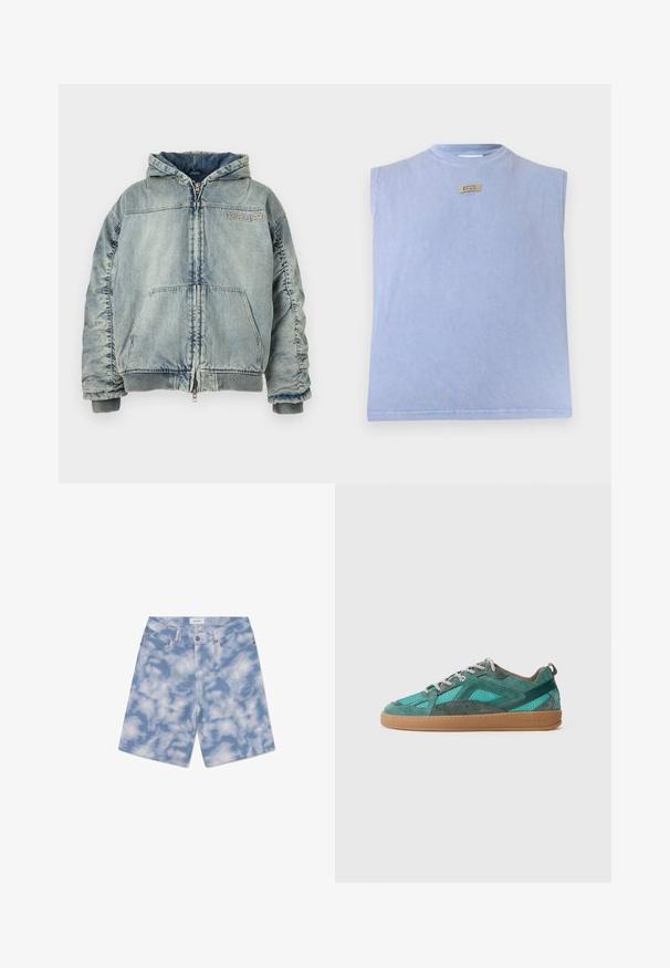 Lyseblå denim hættejakke med lynlås foran, kængurulomme, ribbede manchetter og kant, samt "KSUBI" logo på brystet.; Lyseblå ærmeløs top med rund halsudskæring og en lille beige rektangulær patch med mærket "GCDS" centreret nær kraven.; Lys blå denim shorts med et sky mønster. Lavet af bomuld, de har et klassisk fem-lomme design og en knaplukning.; Grønne og teal ruskinds sneakers med mesh-overlay, prydet med sølv snørebånd og en brun gummisål. Sidebranding og teksturerede detaljer er synlige.