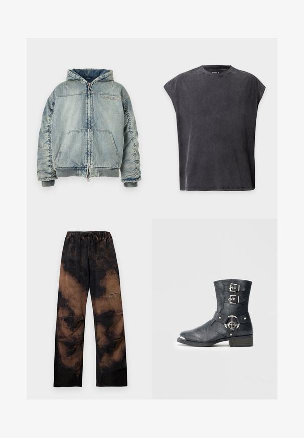 Veste à capuche en denim bleu clair avec fermeture éclair à l’avant, poche kangourou, poignets et ourlet côtelés, et logo "KSUBI" sur la poitrine.; T-shirt noir sans manches à col rond, coupe ample et carrée avec épaules légèrement descendues sur un fond uni.; Pantalon ample tie-dye noir et marron avec taille élastique et cordon, avec une texture gaufrée et jambes larges et droites.; Bottine en cuir noir à bout arrondi, avec deux brides à boucle, détails en métal argenté et petit talon empilé. Finition texturée.