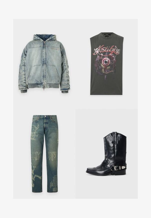 Veste à capuche en denim bleu clair avec fermeture éclair à l’avant, poche kangourou, poignets et ourlet côtelés, et logo "KSUBI" sur la poitrine.; Débardeur gris foncé avec un graphisme représentant un grand œil, des ailes, un serpent et le texte "Ksubi" en police rouge stylisée sur la poitrine.; Jean en denim avec des imprimés graphiques délavés incluant un crâne cornu fumant, du texte abstrait et un squelette sur les jambes, vue de face.; Botte de cowboy en cuir noir avec un bout pointu, une tige haute, des coutures décoratives et une quincaillerie en argent sur la sangle. Fini texturé.