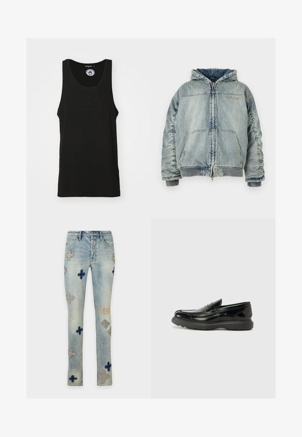 Lyseblå denim hættejakke med lynlås foran, kængurulomme, ribbede manchetter og kant, samt "KSUBI" logo på brystet.; Sort ærmeløs tank top lavet af bomuld med en rund halsudskæring og prægede logo detaljer foran. Rent, minimalisk design.; Lyseblå denimjeans med falmet vask, med broderede beige og mørkeblå korsformede mønstre og delvis tekst på højre ben.; Sort læderloafer med en blank finish, rund tå, subtile syninger og en tyk gummisål for holdbarhed.