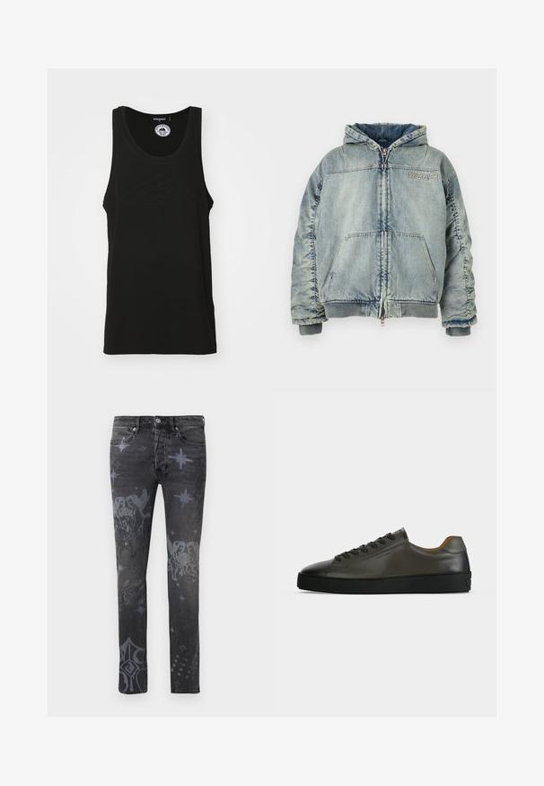 Lyseblå denim hættejakke med lynlås foran, kængurulomme, ribbede manchetter og kant, samt "KSUBI" logo på brystet.; Sort ærmeløs tank top lavet af bomuld med en rund halsudskæring og prægede logo detaljer foran. Rent, minimalisk design.; Sorte skinny jeans med falmede himmelske og engleagtige mønstre, herunder stjerner, putti og kors, set forfra, med knap- og lynlåslukning.; Lavtskåret mørkegrå læder sneaker med sorte snørebånd og sål, minimalistisk design, sideprofil på en ensfarvet lys baggrund.