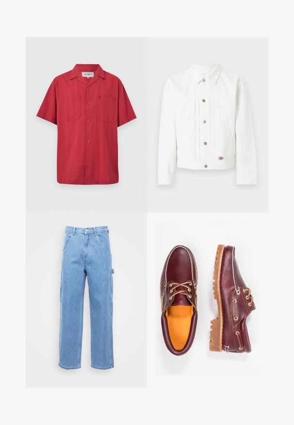 Veste en denim blanc avec fermeture à boutons, deux poches latérales, un col, et une petite écusson logo près de l'ourlet sur un fond uni.; Chemise rouge à manches courtes avec boutons-pression, deux poches poitrine dont une avec un logo discrètement brodé, et un col style camp.; Pantalons cargo en denim bleu clair avec jambe droite, poches avant et poches cargo sur le côté. La texture du tissu est lisse avec une finition légèrement délavée.; Chaussures en cuir bourgogne avec semelles en caoutchouc marron, bout rond, couture blanche et œillets dorés. L'intérieur présente une doublure jaune.