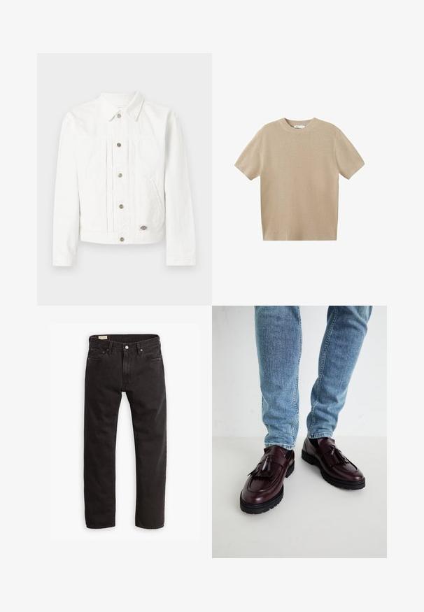 Hvid denimjakke med knaplukning foran, to sidelommer, en krave og en lille logopatch nær kanten på en ensfarvet baggrund.; Beige kortærmet striktrøje med rund hals, ensfarvet design og ribstrikket krave, ærmegab og kant.; Sorte denim jeans med lige ben, der har et klassisk fem-lomme design, subtil syning og en metal knaplukning.; Bordeaux læder loafers med kvaster og en tekstureret overdel, parret med lyseblå denimjeans. Sort gummisål synlig.