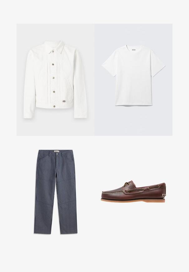 Veste en denim blanc avec fermeture à boutons, deux poches latérales, un col, et une petite écusson logo près de l'ourlet sur un fond uni.; T-shirt blanc à manches courtes et col rond, étalé à plat, design uni, avec l'étiquette "WEEKDAY" à l'intérieur du col sur un fond clair.; Pantalon bleu marine à fines rayures verticales blanches, poches avant, passants de ceinture et fermeture par bouton à la taille.; Chaussure bateau en cuir marron avec coutures blanches, détails de lacets et semelle en caoutchouc beige, vue de côté sur fond blanc.