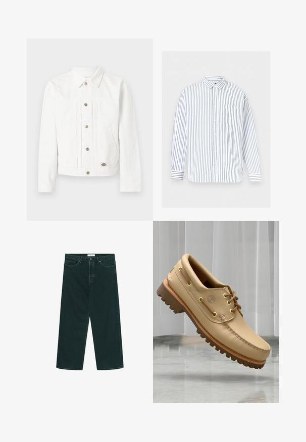 Veste en denim blanc avec fermeture à boutons, deux poches latérales, un col, et une petite écusson logo près de l'ourlet sur un fond uni.; Chemise blanche à manches longues avec des rayures verticales bleues et une poche poitrine, présentée sur un fond gris clair uni.; Jeans en denim vert foncé à jambes larges avec fermeture à bouton et à zip, poches avant et passants de ceinture, posés à plat sur un fond blanc.; Chaussure bateau en cuir marron clair avec semelle épaisse et striée et détails de lacets, flottant au-dessus d'un sol en marbre et d'un fond de stores verticaux blancs.