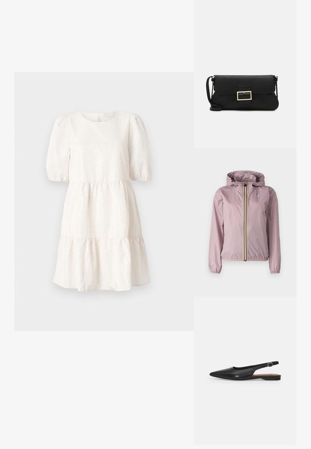 K-Way LE VRAI CLAUDETTE - Let jakke / Sommerjakker - violet dusty; Hvid tekstureret kjole med rund hals, korte pufærmer og en lagdelt, flæset kant. Har en detalje med lukning bagpå.; Sorte læder slingback sko med spidse tæer, subtil glans og justerbar ankelrem. Flad hæl med en brun indersål.; Sort læder clutchtaske med klap og detaljer i guldmetallisk spænde. Inkluderer en sort rem og et slankt, minimalistisk design.