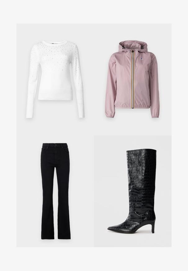 K-Way LE VRAI CLAUDETTE - Let jakke / Sommerjakker - violet dusty; ONLY Knitted ONLSOLITA Knitted - Striktrøje - cloud dancer; Sorte flagrende jeans lavet af en bomuldsblandingsstof. Har en knaplukning, bæltestropper og to forlommer til praktisk brug.; Sorte knæhøje støvler med en blank, krokodillemønstret tekstur, spids tå og en affaset hæl. Glat syntetisk materiale.