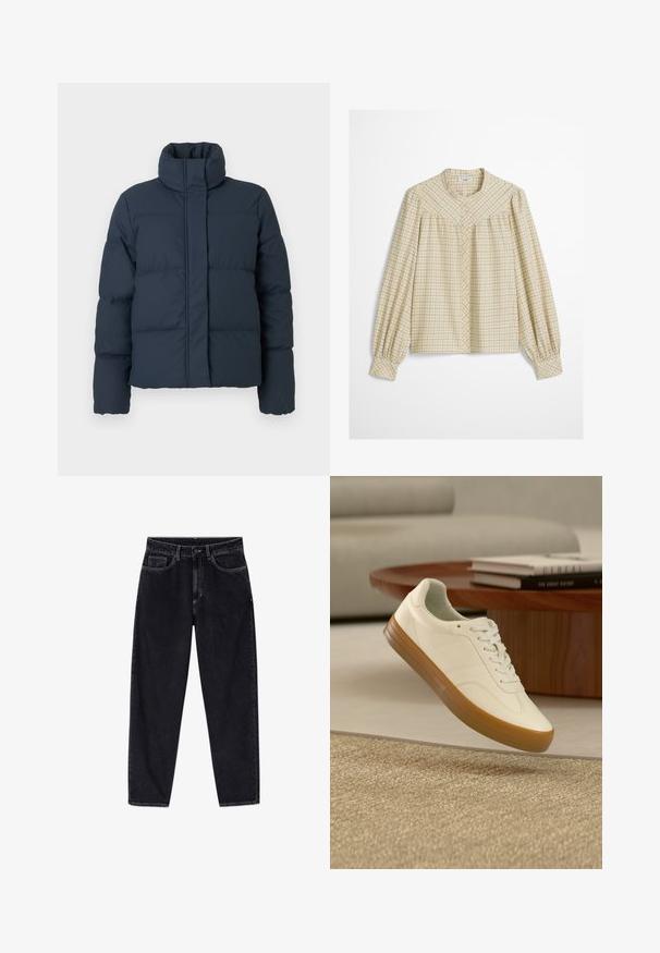 Marineblauwe gewatteerde jas met hoge kraag, gestikte textuur en een ritssluiting aan de voorkant. Heeft lange mouwen en een boxy vorm.; Langsleeve blouse in crème met een ruitpatroon. Heeft een mandarin kraag en een knoopsluiting, met gatherings bij de schouders.; Zwarte jeans met hoge taille en rechte pijpen, voorzien van knopen aan de voorkant, rits, riemlussen en vijf zakken, afgebeeld tegen een witte achtergrond.; Witte sneaker met een zool van kaux drijvend boven een beige tapijt in een woonkamer met een houten tafel en gestapelde boeken op de achtergrond.