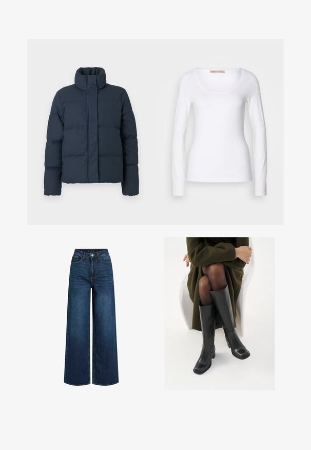 Marineblå dunjakke med høj krave, quiltet tekstur og lynlås foran. Har lange ærmer og en boxy form.; Langærmet hvid bomulds T-shirt med rund halsudskæring og tætsiddende design, med glat tekstur og uden udsmykninger.; Bredde ben jeans lavet af mørkeblå denim med høj talje, med lynlåsgylpter, forlommer og synlige sømdetaljer.; Knæhøje sorte læder støvler med firkantet tå og blokhæl, vist med en model siddende i en olivengrøn frakke. Glat tekstur, minimal detaljer.