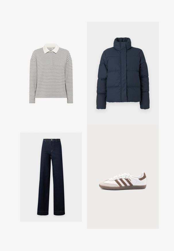 Marineblauwe gewatteerde jas met hoge kraag, gestikte textuur en een ritssluiting aan de voorkant. Heeft lange mouwen en een boxy vorm.; My Essential Wardrobe MWKLARA - Poloshirt - peal blue striped; Donkerblauwe jeans met hoge taille en wijde pijpen, met knoop- en ritssluiting, voorzakken en zichtbare stiksel details.; Witte Adidas Samba sneaker met bruine suède strepen, bruine rubberen zool en beige suède neuskap, getoond vanaf de buitenkant op een effen achtergrond.