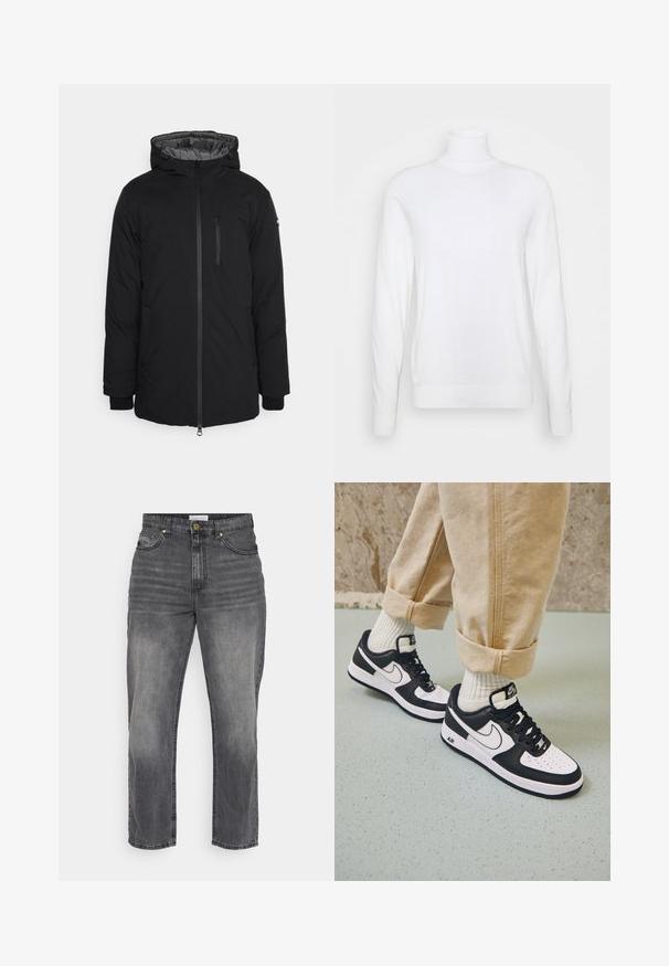 Schott FARGO - Parka - black; Pull à col roulé blanc avec des manches longues, fabriqué en tissu lisse. Présente un design ajusté et des poignets et un ourlet côtelés. Pas de motifs ni d'accents.; Jeans en denim gris au design droit, présentant une finition délavée, des poches avant et une fermeture à bouton. Couture simple et détails d'ourlet.; Baskets Nike Air Force 1 en noir et blanc avec un dessus en cuir, orteil perforé et détail de semelle texturée, portées avec un pantalon beige retroussé et des chaussettes blanches.
