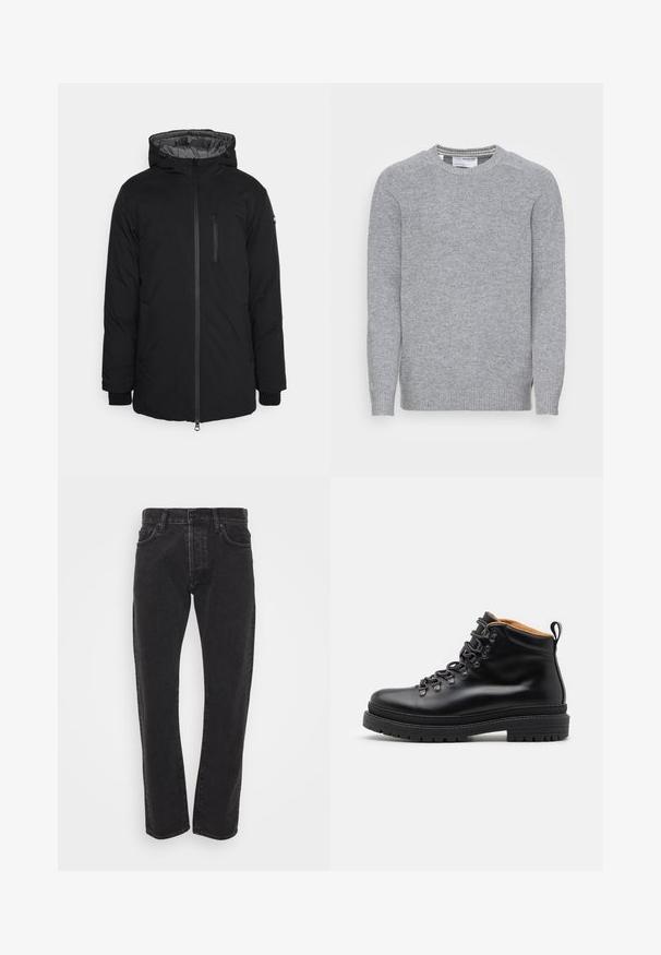 Schott FARGO - Parkaer - black; Grå strikket sweater med rund hals, ribbede manchetter og kant. Glat tekstur og et enkelt, klassisk design med sidespalter.; Herre sorte lige ben denim jeans med frontknap og lynlås, fem lommer og bæltestropper på en ensfarvet hvid baggrund.; Zign by Zalando LEATHER - Snørestøvletter - black