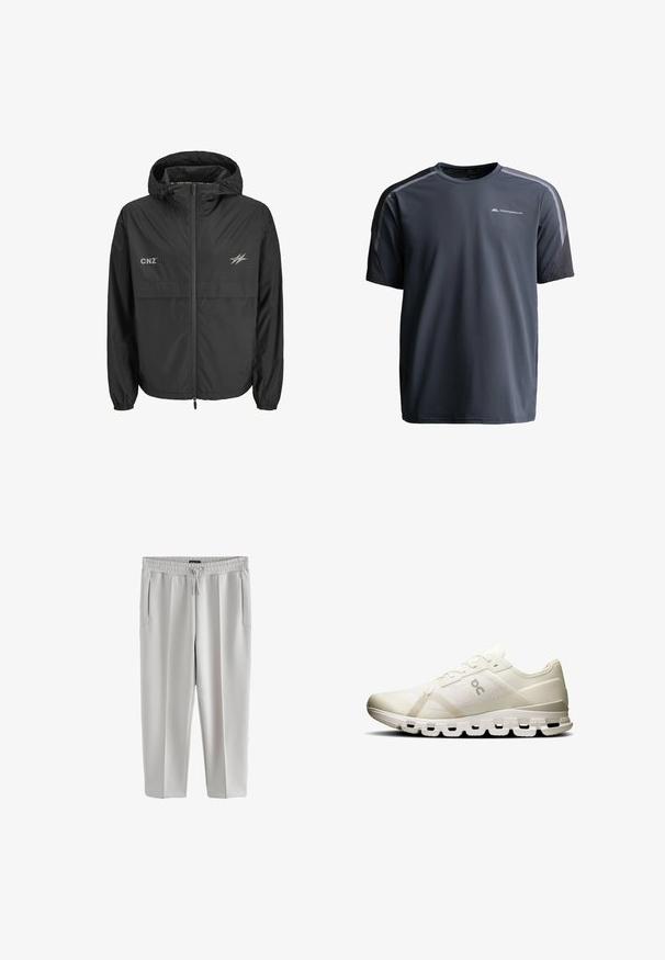 Sort hættetrøje i letvægtstof med frontlynlås, elastiske manchetter og sølvfarvede logoer på brystet og ærmet.; Mørkegrå atletisk t-shirt med korte ærmer, sorte paneler på ærmerne og reflekterende striber, med "Monterrain" logo på brystet.; Lys grå sweatpants lavet af glat stof, med elastisk talje og snor, samt to sidelommer.; Hvid sportsko med en åndbar mesh-overdel, minimalistisk design og en polstret sål med forlængede udsparinger for støtte.