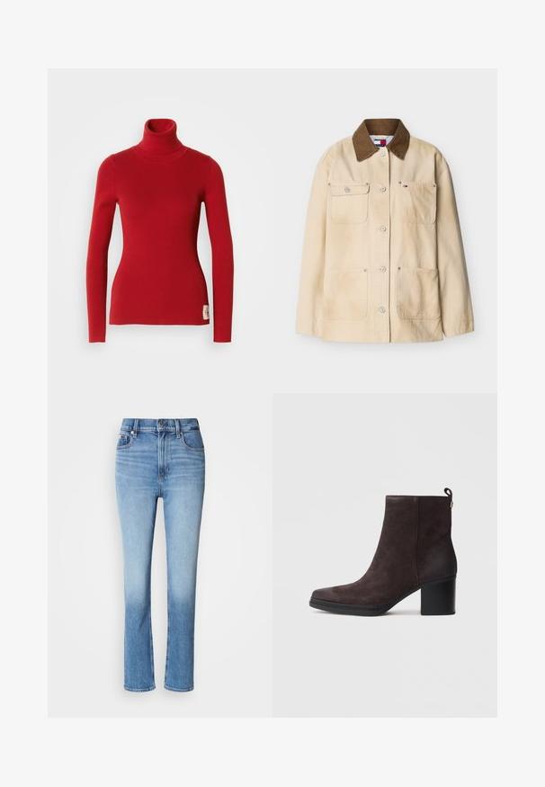 Beige bomuldsjakke med brun kordenærkrave, knaplukning foran og fire lommer foran, herunder en med et lille brandlogo.; Rød ribbet turtleneck sweater med lange ærmer og en tætsiddende silhuet, med et lille logomærke på den nederste side og en glat tekstur.; Blå denimjeans med høj talje, lige ben-design, falmede farvegradient og fem-lomme stil. Metalknap- og lynlås-lukning.; Brun ruskindsankelstøvle med firkantet tå, en mellemhøj hæl og en trækflap bagpå; har en glat sort sål og diskret syning.