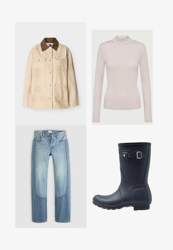 Beige katoenen jas met een bruin corduroy kraag, knoopsluiting aan de voorkant en vier zakken aan de voorkant, waarvan één met een klein merklogo.; Lichtbeige lange mouw turtleneck top gemaakt van een zachte, rekbare stof. Aansluitend ontwerp met een geribbelde textuur en standaard manchetten.; Lichtblauwe denim jeans met een rechte, losse pasvorm, voorzien van contrasterende paneeldetails en een vijf-pocket ontwerp. Knopen vloogsluiting.; Zwarte rubberen regenlaars met een ronde neus, textuurzool en verstelbaar riempje. Gladde oppervlakte met een matte afwerking.