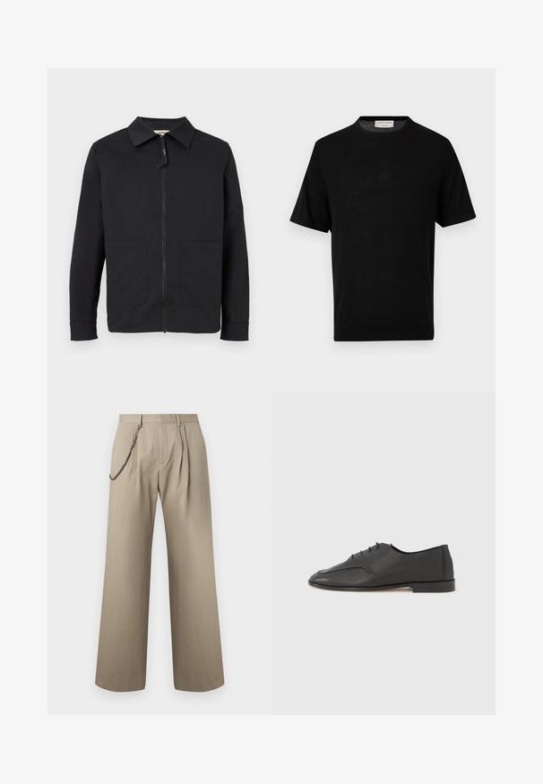 Veste noire à manches longues avec col, fermeture éclair frontale et deux grandes poches avant, présentée sur un fond clair uni.; T-shirt en maille noire à manches courtes avec col rond et poignets côtelés, étiquette à l'intérieur du col indiquant "Tiger of Sweden 1903".; Pantalon beige à jambes larges avec plis à l'avant et une chaîne métallique attachée au passant de ceinture gauche pour le style.; Chaussure Oxford noire en cuir avec lacets, surface texturée et petit talon, vue de profil sur un fond gris clair uni.