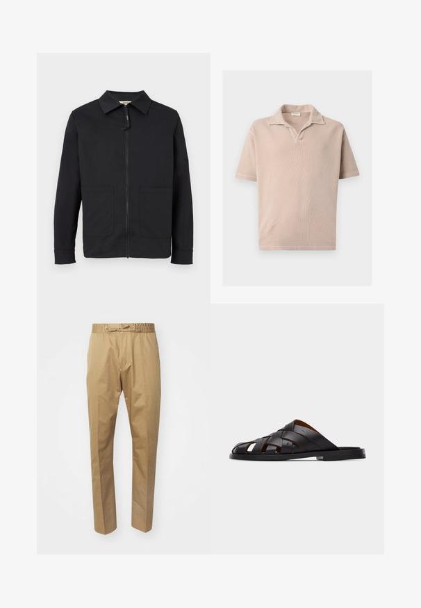 Schwarze Jacke mit langen Ärmeln, Kragen, Reißverschluss vorne und zwei großen Fronttaschen, präsentiert vor einem schlichten hellen Hintergrund.; Beiges kurzärmeliges Poloshirt aus strukturiertem Stoff mit offenem Kragen, dargestellt auf einem schlichten weißen Hintergrund.; Beige Hose mit elastischem Taillengummi und verstellbarem Kordelzug. Glatte Textur, gerade Beine und minimalistisches Design.; Schwarze geflochtene Leder-Pantolette mit offener Spitze, flacher Sohle und überlappenden Riemen, von der Seite vor einem schlichten Hintergrund dargestellt.