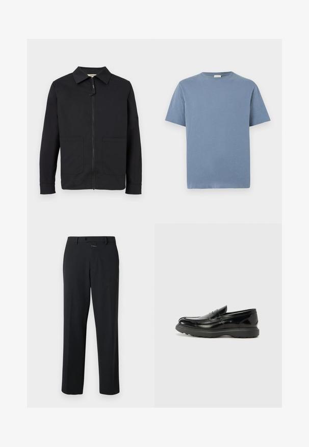 Veste noire à manches longues avec col, fermeture éclair frontale et deux grandes poches avant, présentée sur un fond clair uni.; T-shirt bleu clair à manches courtes en coton doux. Présente un col rond et une coupe décontractée. Sans motifs ni accents remarquables.; Pantalon noir à coupe droite, en tissu lisse. Il présente une fermeture à bouton à l'avant et des détails de couture subtils. Conception simple sans motifs.; Mocassin en cuir noir avec une finition brillante, bout arrondi, détails de couture subtils et semelle en caoutchouc épaisse pour la durabilité.