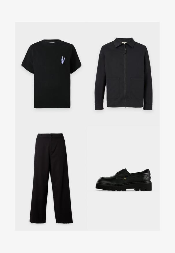 Sort langærmet jakke med krave, lynlås foran og to store forlommer, vist på en ensfarvet lys baggrund.; Sort bomulds T-shirt med korte ærmer, med en lille lilla grafisk detalje på venstre brystområde. Enkel, kasseformet design.; Sorte bukser med lige ben, knap- og lynlåslukning, designet til en afslappet pasform og mellemhøj talje.; Sort læder chunky såle snørestøvle med tyk mønstret ydersål og lille gyldent logo på siden.
