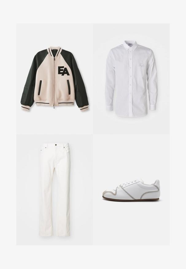 Beige und schwarze Collegejacke mit Lederärmeln, Frontreißverschluss, zwei vertikalen Taschen und "EA"-Logo auf der linken Brust.; Weißes Langarmhemd mit Knopfverschluss, Knopfkragen und dezent gesticktem Logo auf der linken Brust.; Weiße Jeans mit geradem Bein, ausgestattet mit einem Fünf-Taschen-Design, einem Metallknopfverschluss und minimalen Nähten.; Weiße Sneaker mit einem Obermaterial aus glattem Leder, grauen Suede-Akzenten und einem schlichten Schnürdesign. Rutschfeste braune Gummisohle; minimalistische Gestaltung.